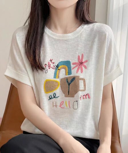 여름 새로운 대나무 마디 마 니트 반팔 티셔츠 여성 루즈핏 인사이드 가져 가라. 낮음 라운드 넥 연령 감소 만나는 얇은 맨위 날다 소매