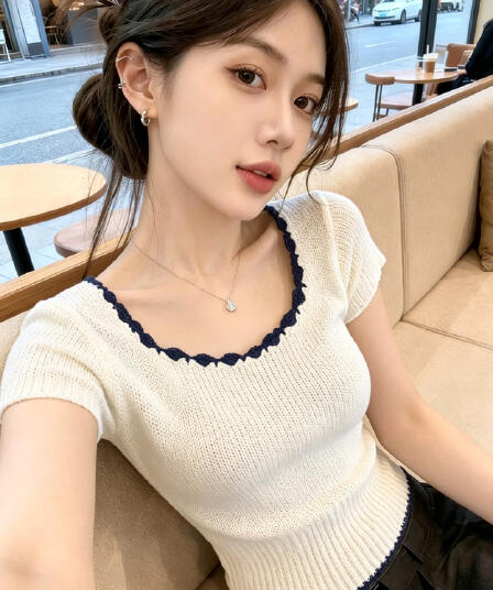 한 부서 광장 칼라 배색 긍정적 인 어깨 반팔 니트 스웨터 여성 2026 여름 새로운 몸매 가꾸기 슬림해 보이는 외국 가스 쇼트 스타일 맨위