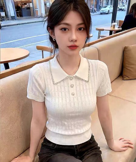 한 부서 무거운 작업 다이아몬드 세팅 POLO 칼라 반팔 니트 스웨터 여성 2026 여름 자이언트 잘 생긴 아름다운 맨위
