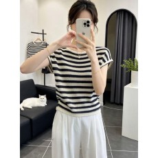 批发法式条纹针织短袖<b class='q'>T</b><b class='q'>恤</b>女夏季大码胖MM显瘦宽松设计感小众减龄上衣