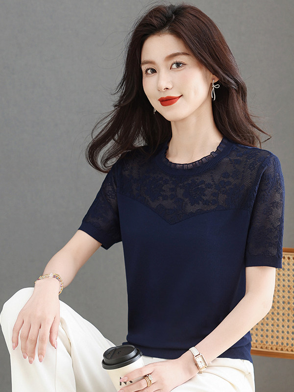 검정색 레이스 라운드 넥 얼음 실크 반팔 티셔츠 여성 2026 여름 새로운 망사 패치워크 라이 경기 서울 주간 실크 동정