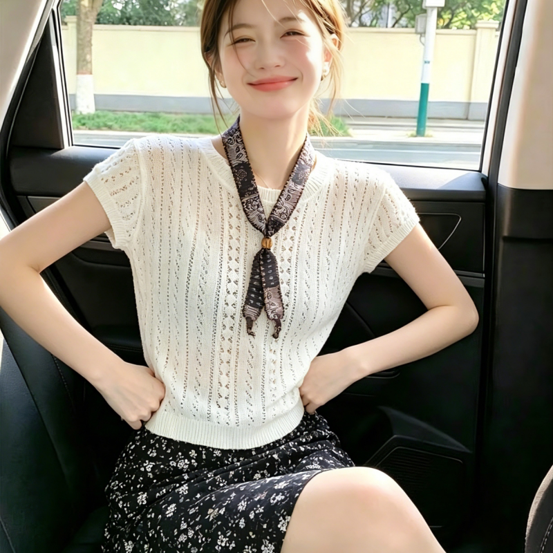 오래된 돈 바람 비즈 스카프 홀로우 아웃 반팔 니트 스웨터 여성 2026 여름 섹션 외국 가스 다용도 맨위