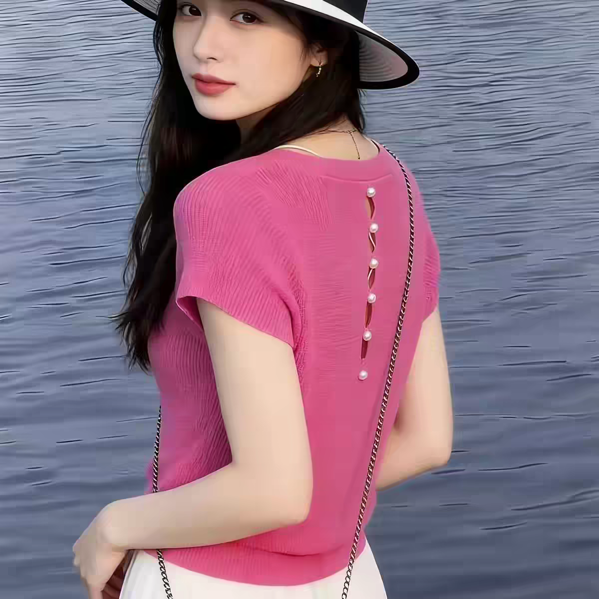 한 부서 핑크색 뒤로 홀로우 아웃 얼음 실크 긍정적 인 어깨 반팔 티셔츠 여성 여름 작은 키 쇼트 스타일 몸매 가꾸기 니트 맨위