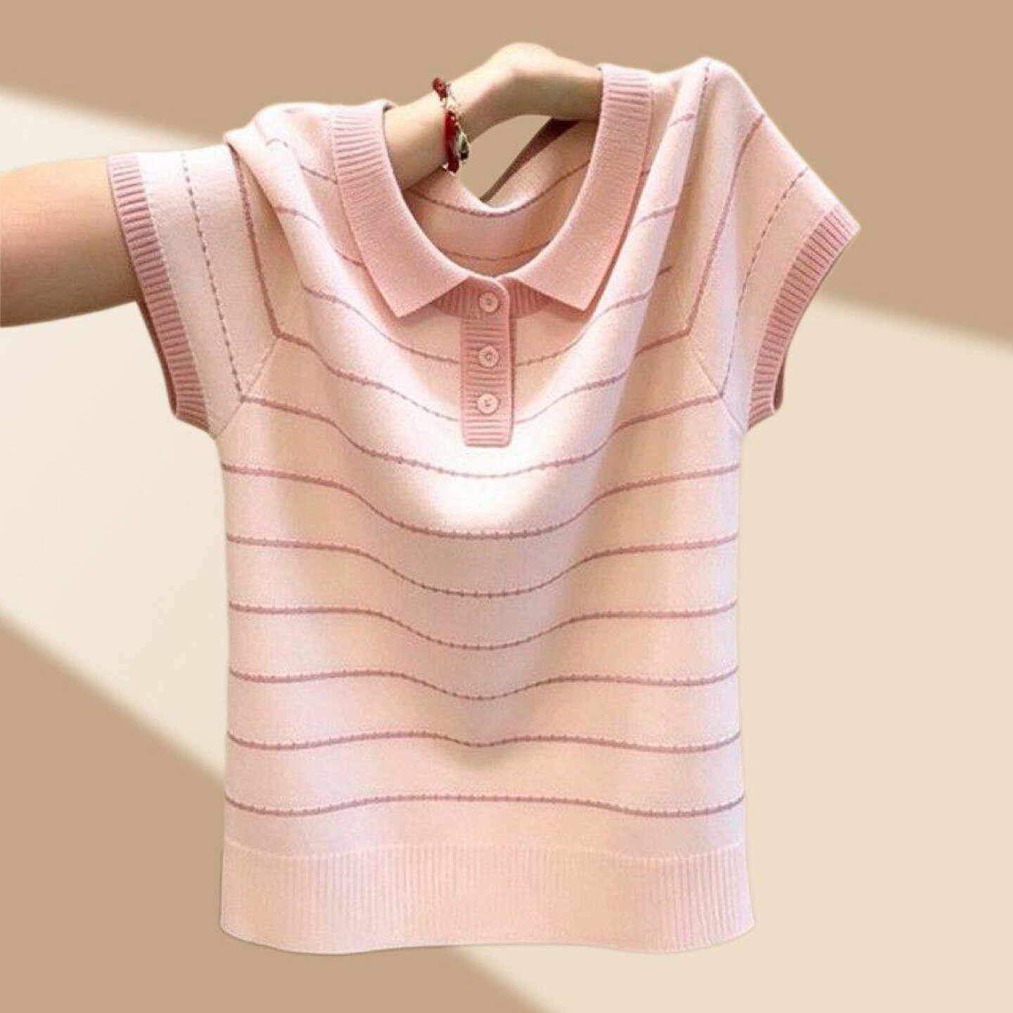 핑크색 POLO 칼라 스트라이프 얼음 실크 니트 반팔 티셔츠 여성 여름 고급 센스 착용 가져 가라. 몸매 가꾸기 폴로 칼라 맨위