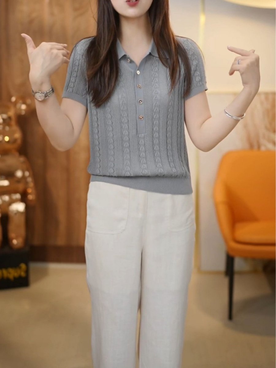 주간 실크 라이 경기 서울 여름 POLO 칼라 단색 홀로우 아웃 니트 스웨터 여성 2026 새로운 루즈핏 다용도 품격 맨위