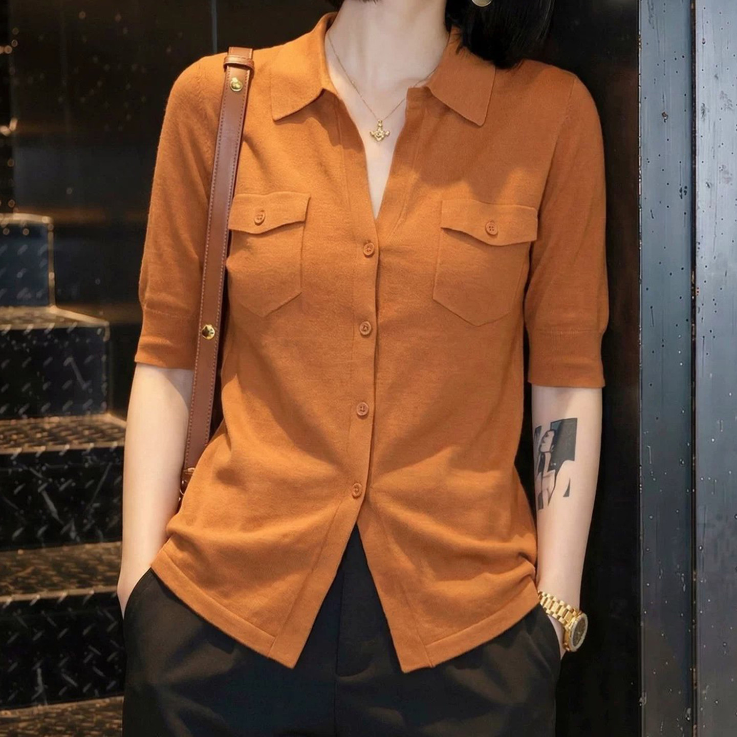 고급 오래된 돈 바람 POLO 칼라 더블 주머니 5 점 소매 니트 오픈 가디건 여성 2026 봄 여름 새로운 슬림해 보이는 맨위 트렌디