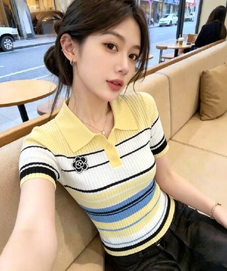 홍콩 스타일 배색 스트라이프 POLO 칼라 니트 스웨터 여성용 짧은 소매 2026 여름 새로운 몸매 가꾸기 슬림해 보이는 아름다운 작은 맨위