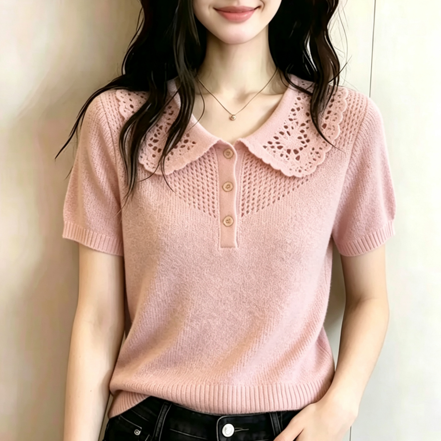 외국 가스 핑크색 베이비 칼라 반팔 니트 스웨터 여성 여름 얇은 스타일 홀로우 아웃 폴로 칼라 슬림해 보이는 외국 가스 고급 센스 맨위
