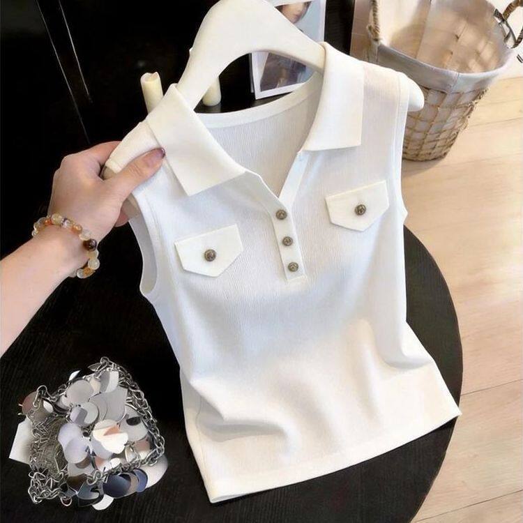 2026 여름 POLO 칼라 단추 얼음 실크 조끼 여성 새로운 작은 샤넬 스타일 한 부서 티셔츠 루즈핏 슬림해 보이는 민소매 맨위