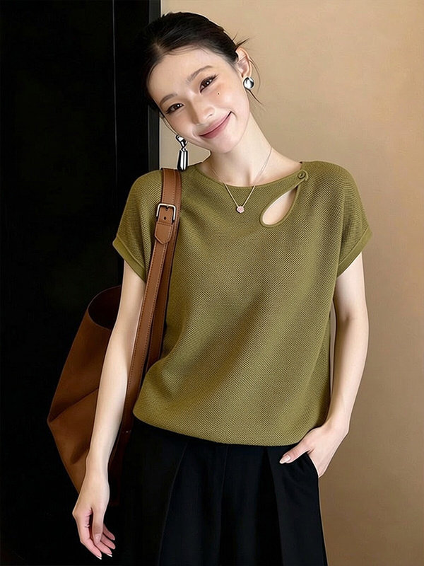 유럽 상품 Chic 미니멀리즘 바람 홀로우 아웃 반팔 티셔츠 여성 봄 여름 출퇴근 캐주얼 다용도 디자인 센스 품격 맨위