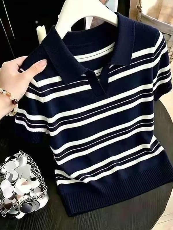 학원 스타일 스트라이프 POLO 칼라 니트 반팔 티셔츠 여성 여름 2026 새로운 작은 키 외국 가스 연령 감소 맨위