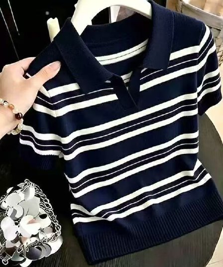 학원 스타일 스트라이프 POLO 칼라 니트 반팔 티셔츠 여성 여름 2026 새로운 작은 키 외국 가스 연령 감소 맨위