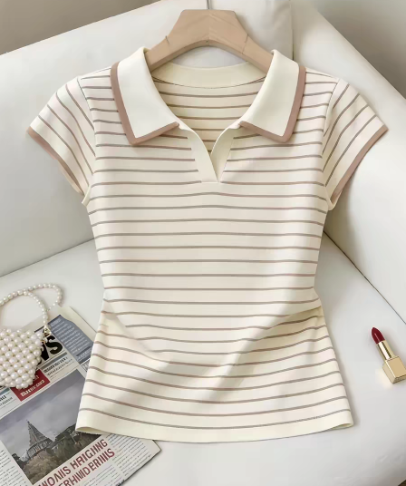 한 부서 POLO 칼라 스트라이프 배색 반팔 니트 스웨터 여성 2026 여름 새로운 몸매 가꾸기 슬림해 보이는 외국 가스 맨위 트렌디