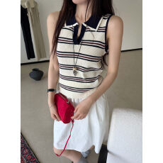 批发高级感韩版条纹无袖针织衫女夏季POLO领撞色修身显瘦<b class='q'>背心</b>外穿上衣