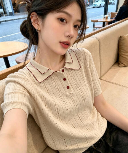 POLO 칼라 니트 반팔 티셔츠 여성 여름 얇은 스타일 홀로우 아웃 느긋한 느슨함 센스 슬림해 보이는 루즈핏 맨위