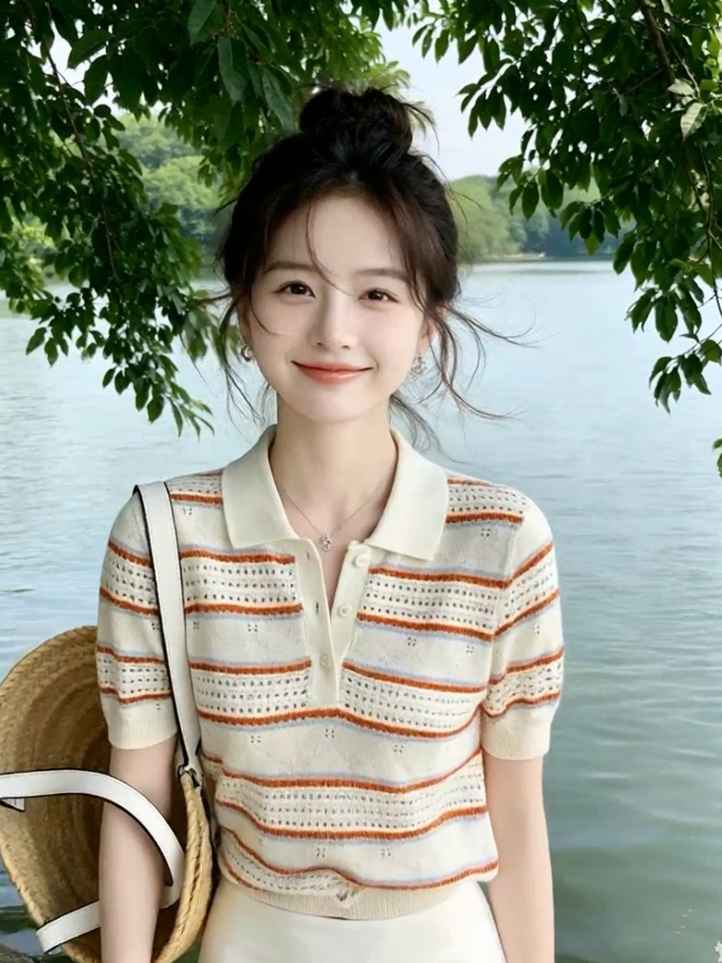 레트로 스트라이프 홀로우 아웃 POLO 칼라 니트 티셔츠 여성 여름 고유 한 Chic 몸매 가꾸기 슬림해 보이는 다용도 얇은 스타일 맨위