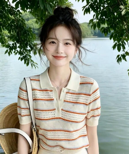 레트로 스트라이프 홀로우 아웃 POLO 칼라 니트 티셔츠 여성 여름 고유 한 Chic 몸매 가꾸기 슬림해 보이는 다용도 얇은 스타일 맨위