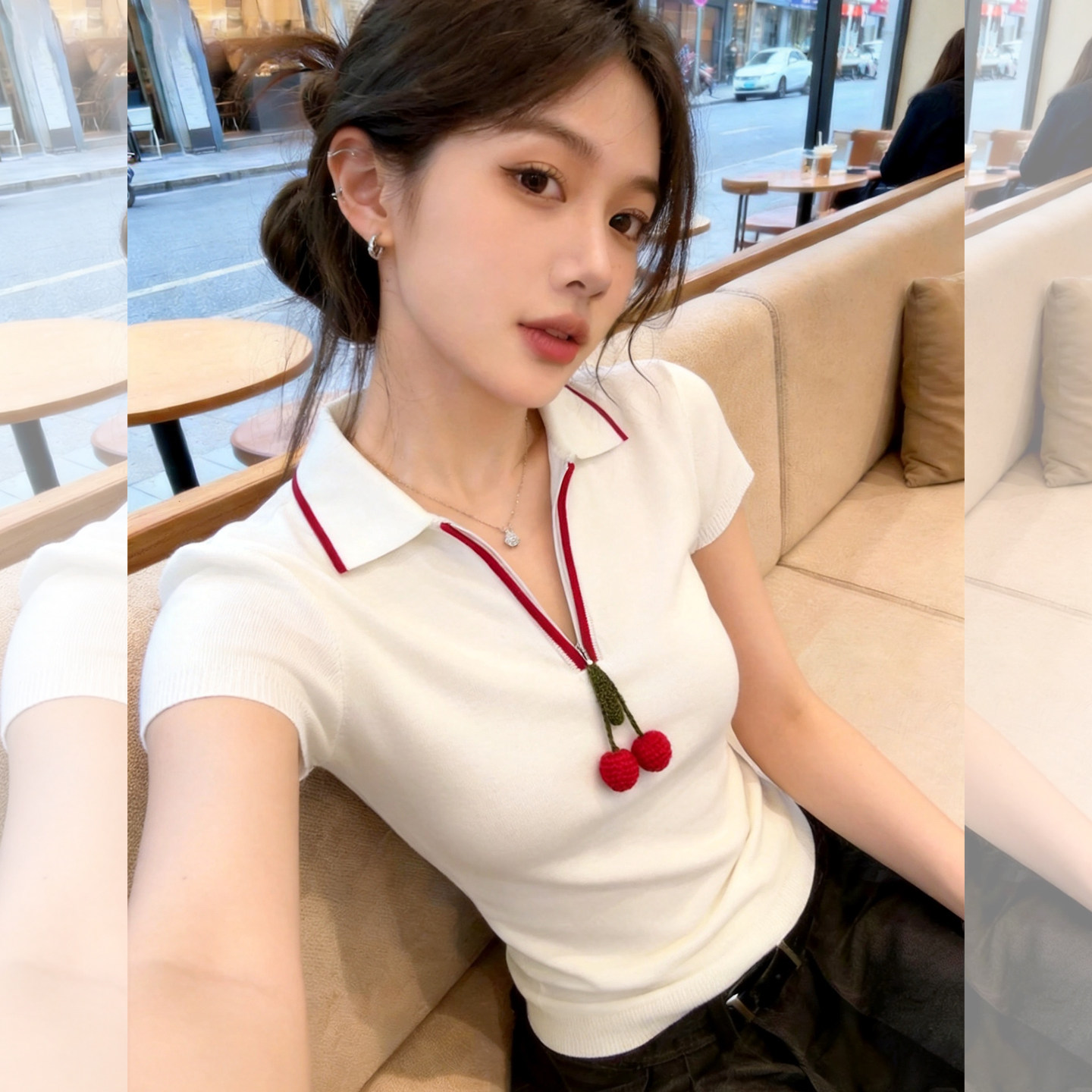 작은 키 착용 가져 가라. POLO 칼라 화이트 반팔 티셔츠 여성 여름 고유 한 슈퍼 잘 생긴 슬림해 보이는 다용도 니트 맨위
