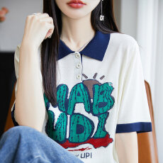 批发2026新款美式撞色翻领针织T恤女<b class='q'>时尚</b>宽松显瘦打底衫上衣