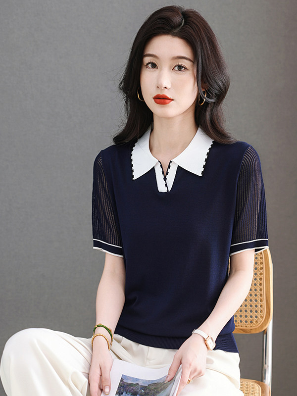 외국 가스 엄마 폴로 칼라 얼음 실크 반팔 티셔츠 여름 드레스 새로운 라이 경기 서울 주간 실크 패션 니트 맨위 작은 셔츠 여성