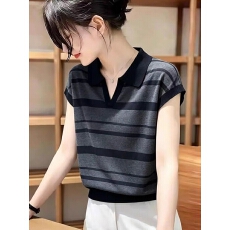 批发韩系复古休闲POLO领条纹短袖针织衫女夏季新款<b class='q'>时尚</b>显瘦气质上衣潮