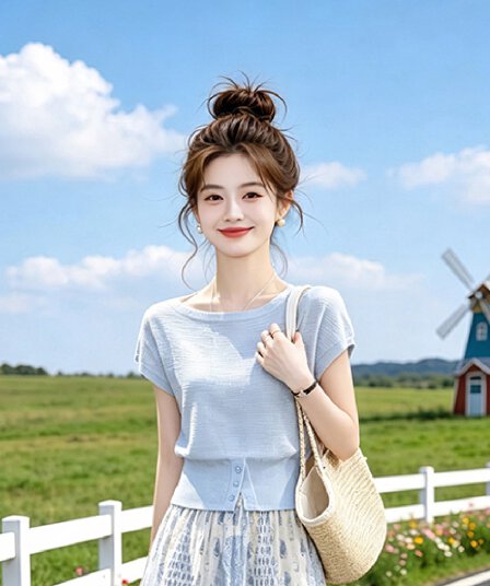여성 의류 패션 반팔 니트 스웨터 맨위 가져 가라. 슬림해 보이는 2026 여름 새로운