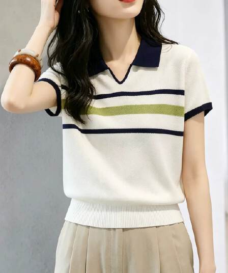 한 부서 배색 POLO 칼라 스트라이프 니트 스웨터 반팔 여성 여름 빅 사이즈 지방 mm 품격 연령 감소 슈퍼 잘 생긴 맨위