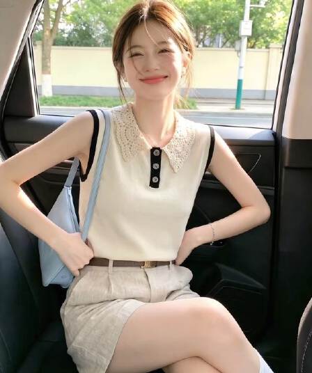 한 부서 살구 색상 폴로 칼라 홀로우 아웃 자수 민소매 니트 조끼 여성 여름 새로운 부드러운 바람 몸매 가꾸기 다용도 맨위