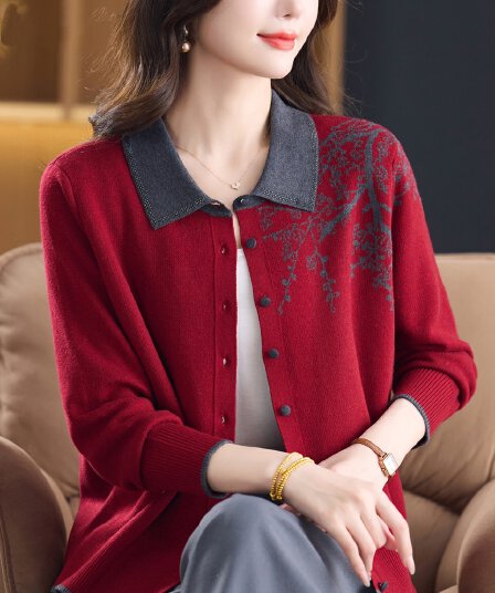 봄 가을 새로운 패션 폴로 칼라 양모 니트 오픈 가디건 중노년 여성 어머니 드레스 품격 맨위 스웨터 얇은 코트