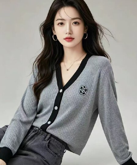 가을 의상 V넥 동백 나무 니트 오픈 가디건 여성 코트 봄 가을 외부 가져 가라. 외국 가스 빅 사이즈 여성 의류 맨위