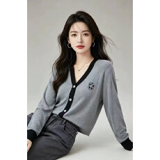 批发秋装V领山茶花针织<b class='q'>开衫</b>外套女春秋外搭洋气大码女装上衣
