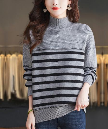 가을 겨울 빅 사이즈 반하이넥 스트라이프 스웨터 여자 2026 새로운 표지 배 인사이드 가져 가라. 니트 만나는 카디건