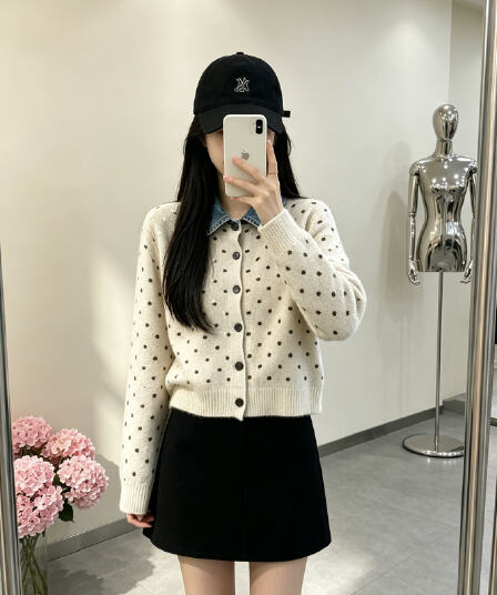 프랑스식 도트 무늬 페이크 레이어드 데님 패치워크 POLO 칼라 니트 스웨터 부드러운 찹쌀 연령 감소 스웨터 코트 가을 겨울철 새로운