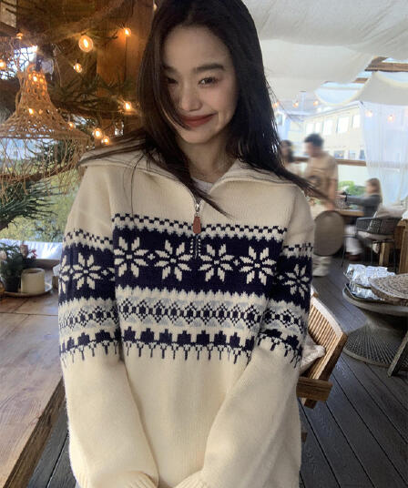 2026 가을 겨울철 레트로 하프 지퍼 터틀넥 스웨터 여자 공정한 섬 자카드 루즈핏 느긋한 풀오버 니트 맨위