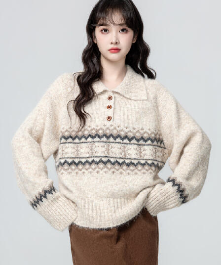 POLO 칼라 스웨터 여자 가을 겨울 2026 가을 새로운 와이드 부드러운 찹쌀 풀오버 니트 스웨터 외출용 맨위