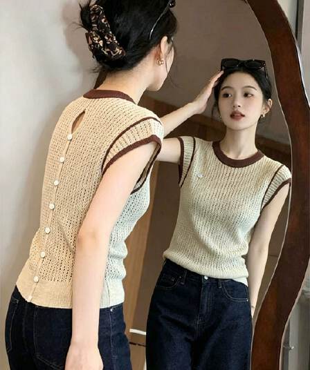 자이언트 잘 생긴 카키 색 니트 조끼 여성 여름 외출용 인사이드 가져 가라. 패션 레트로 다용도 몸매 가꾸기 홀로우 아웃 민소매 맨위