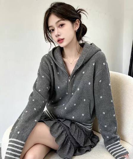 한 부서 레트로 도트 무늬 후드 니트 오픈 가디건 여성 가을 착용 가져 가라. 느긋한 학원 스타일 배색 스트라이프 스웨터 코트