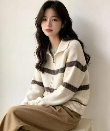 슈퍼 잘 생긴 ~ 중 한 부서 스트라이프 스웨터 여자 2026 새로운 가을 겨울 니트 오픈 가디건 한국 동다 문에 외투
