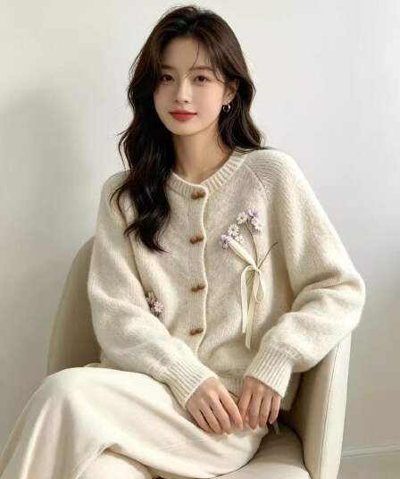 자수 꽃 나비 매듭 스웨터 오픈 가디건 여성 봄 가을 부드러운 찹쌀 느긋한 바람 루즈핏 디자인 달콤함 니트 재킷