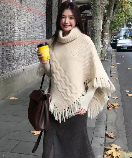 한 부서 화이트 터틀넥 술 숄 망토 스웨터 여자 조기 가을 고급 센스 느긋한 루즈핏 불규칙 맨위