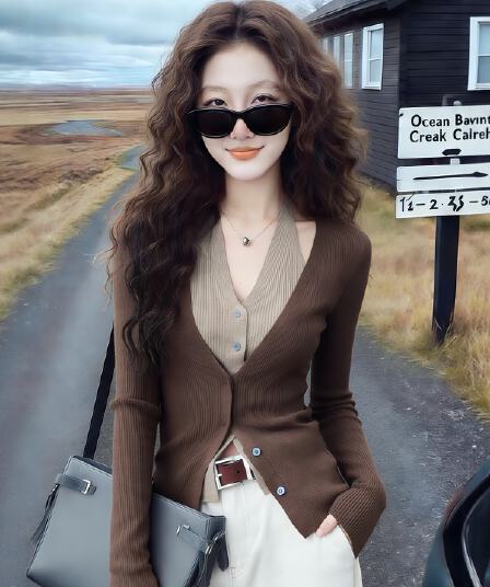 페이크 레이어드 행침 목 V넥 니트 스웨터 스웨터 오픈 가디건 가을 의상 여자 2026 년 새로운 고유 한 슈퍼 잘 생긴 맨위