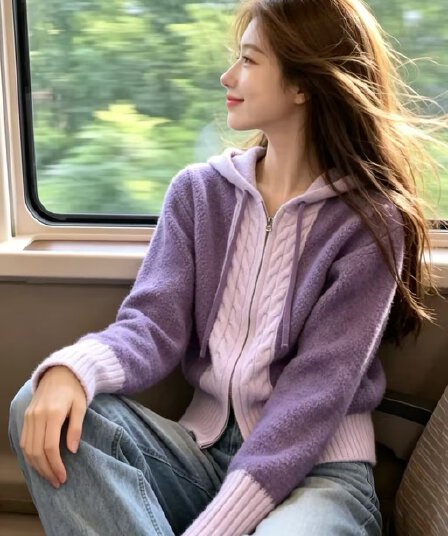보존 섹션 추천 배색 후드 지퍼 긴팔 니트 오픈 가디건 여성 가을 겨울 새로운 고급 센스 부드러운 찹쌀 재킷