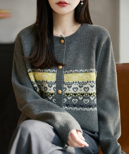 2026 새로운 하트 공정한 섬 자카드 니트 오픈 가디건 여성 코트 봄 가을 빅 사이즈 여성 의류 맨위 가을 겨울 스웨터