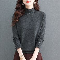 批发中年<b class='q'>妈妈</b>春秋木耳领毛衣女宽松大码羊毛衫洋气上衣针织内搭打底衫