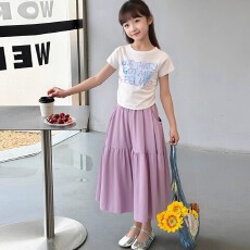 批发<b class='q'>夏</b>季新款女童半身裙儿童简约纯色百搭裙子中长款女孩薄款<b class='q'>夏</b>装长裙