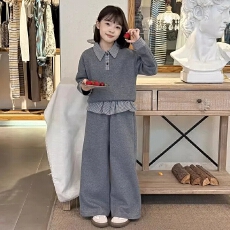 批发女童套装春秋款百搭新款大童衣服<b class='q'>儿童</b>春装格子拼接阔腿裤假两件套
