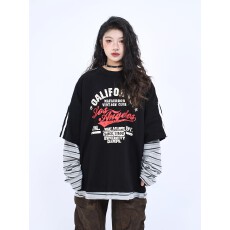 批发美式复古春秋季新款<b class='q'>条纹</b>拼接假两件<b class='q'>长袖</b><b class='q'>T</b><b class='q'>恤</b>男女宽松百搭情侣上衣