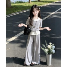 批发女童假两件短袖套装夏季百搭新款<b class='q'>儿童</b>洋气上衣女孩韩版休闲两件套