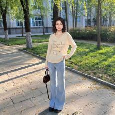 韩系轻薄防晒罩衫女夏季新款字母印花宽松V领百搭长袖洋气T恤上衣