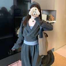 批发V领收腰长袖运动套装女春秋韩版<b class='q'>时尚</b>洋气宽松显瘦卫衣休闲两件套
